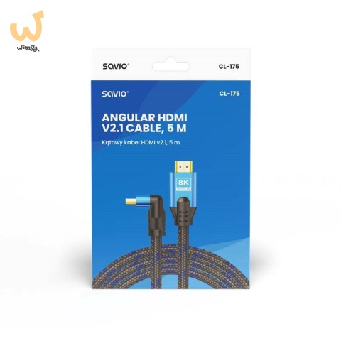 SAVIO KABEL HDMI (M) V2.1, KĄTOWY, 5M, 8K, MIEDŹ, NIEBIESKO-CZARNY, ZŁOTE KOŃCÓWKI, ETHERNET/3D CL-175 SAVIO KABEL HDMI (M) V2.1, KĄTOWY, 5M, 8K, MIEDŹ, NIEBIESKO-CZARNY, ZŁOTE KOŃCÓWKI, ETHERNET/3D CL-175