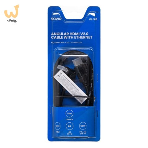SAVIO KABEL HDMI V2.0 KĄTOWY 4K OFC CZARNY, ZŁOTE KOŃCÓWKI, ETHERNET/3D 1,5M CL-108 SAVIO KABEL HDMI V2.0 KĄTOWY 4K OFC CZARNY, ZŁOTE KOŃCÓWKI, ETHERNET/3D 1,5M CL-108