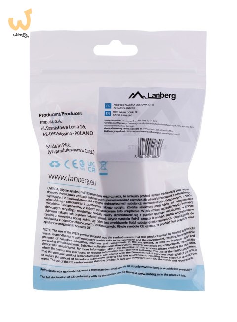 LANBERG ZŁĄCZKA SIECIOWA PRZELOTKA 2X RJ45 KAT.5E UTP AD-RJ45-RJ45-OU5 LANBERG ZŁĄCZKA SIECIOWA PRZELOTKA 2X RJ45 KAT.5E UTP AD-RJ45-RJ45-OU5