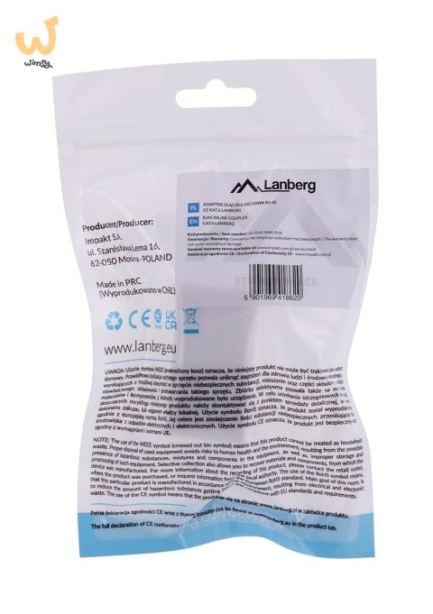 LANBERG ZŁĄCZKA SIECIOWA PRZELOTKA 2X RJ45 KAT.6 UTP AD-RJ45-RJ45-OU6 LANBERG ZŁĄCZKA SIECIOWA PRZELOTKA 2X RJ45 KAT.6 UTP AD-RJ45-RJ45-OU6