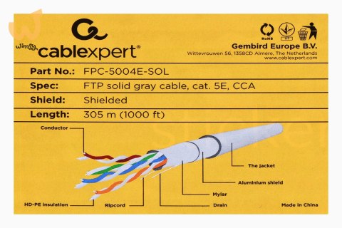 Kabel FTP GEMBIRD FPC-5004E-SOL (F/UTP - F/UTP ; FTP; 305m; kat. 5e; kolor szary) Kabel FTP GEMBIRD FPC-5004E-SOL (F/UTP - F/UTP ; FTP; 305m; kat. 5e; kolor szary)